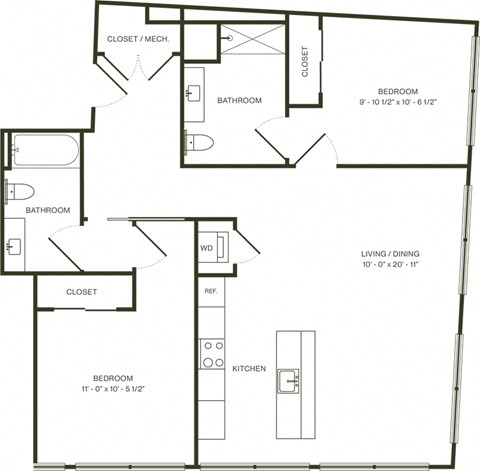 Floor plan for 2 beds, 2 baths, 1058 sqft